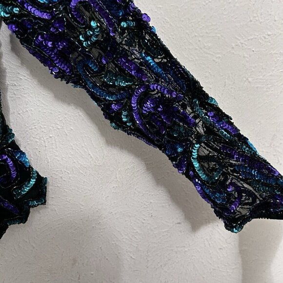 Sequin Top Black Blue Green Laurence Kazar Glam Evening New York Vintage Size L - Picture 4 of 11